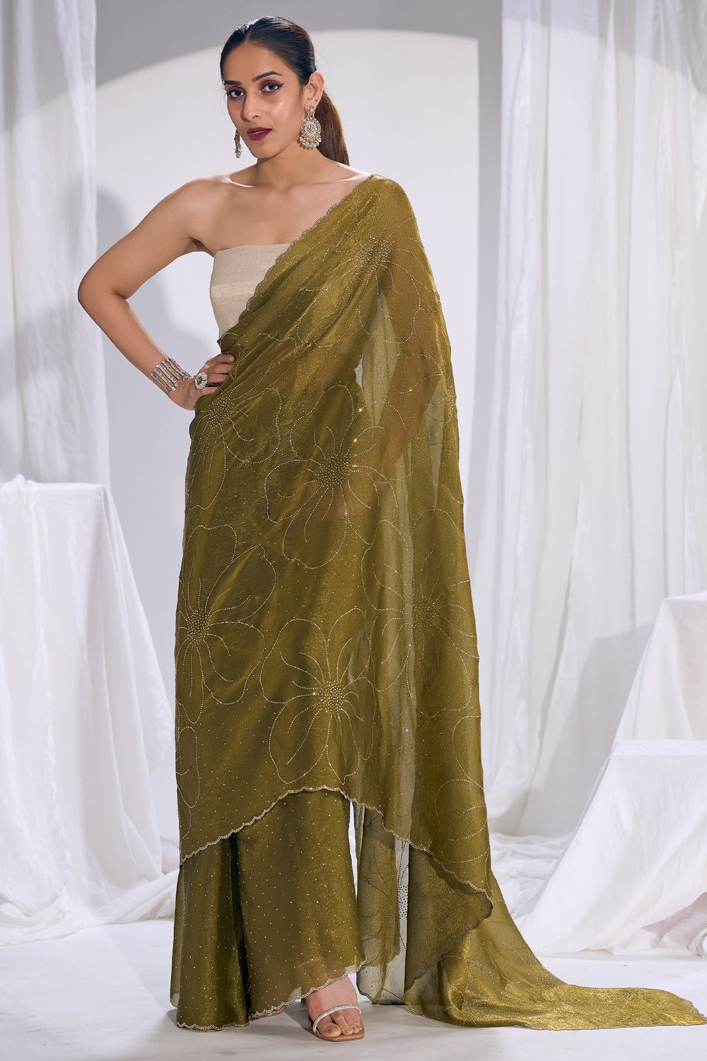 Ritu Olive Green Satin Silk Saree Sequin Floral Embellished Ready to Wear Saree