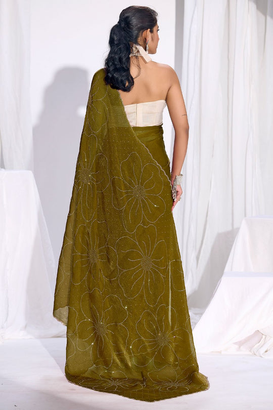 Ritu Olive Green Satin Silk Saree Sequin Floral Embellished Ready to Wear Saree