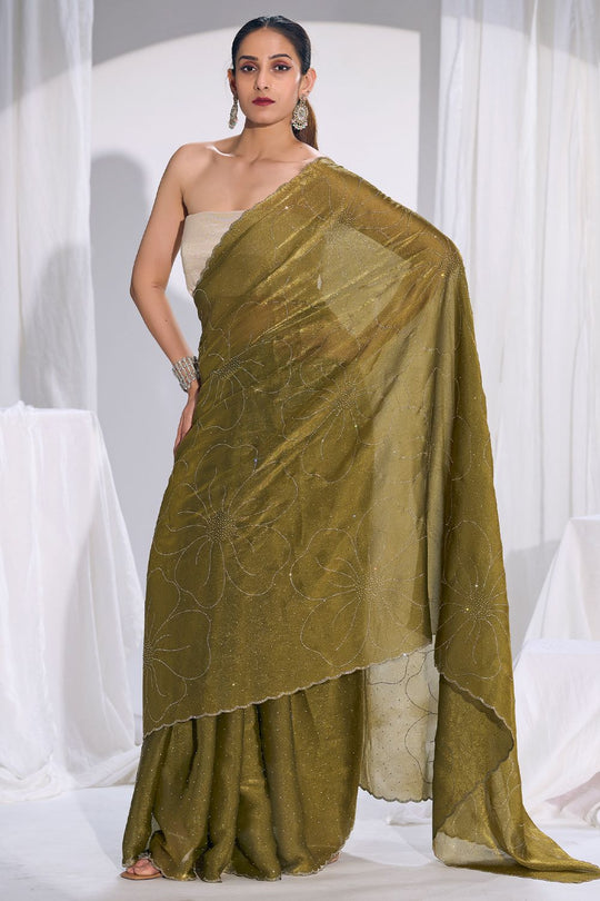 Ritu Olive Green Satin Silk Saree Sequin Floral Embellished Ready to Wear Saree