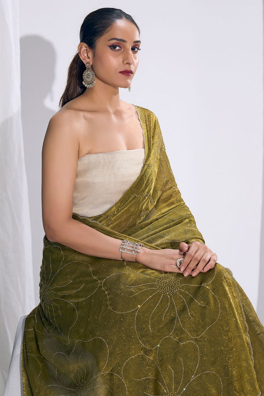 Ritu Olive Green Satin Silk Saree Sequin Floral Embellished Ready to Wear Saree