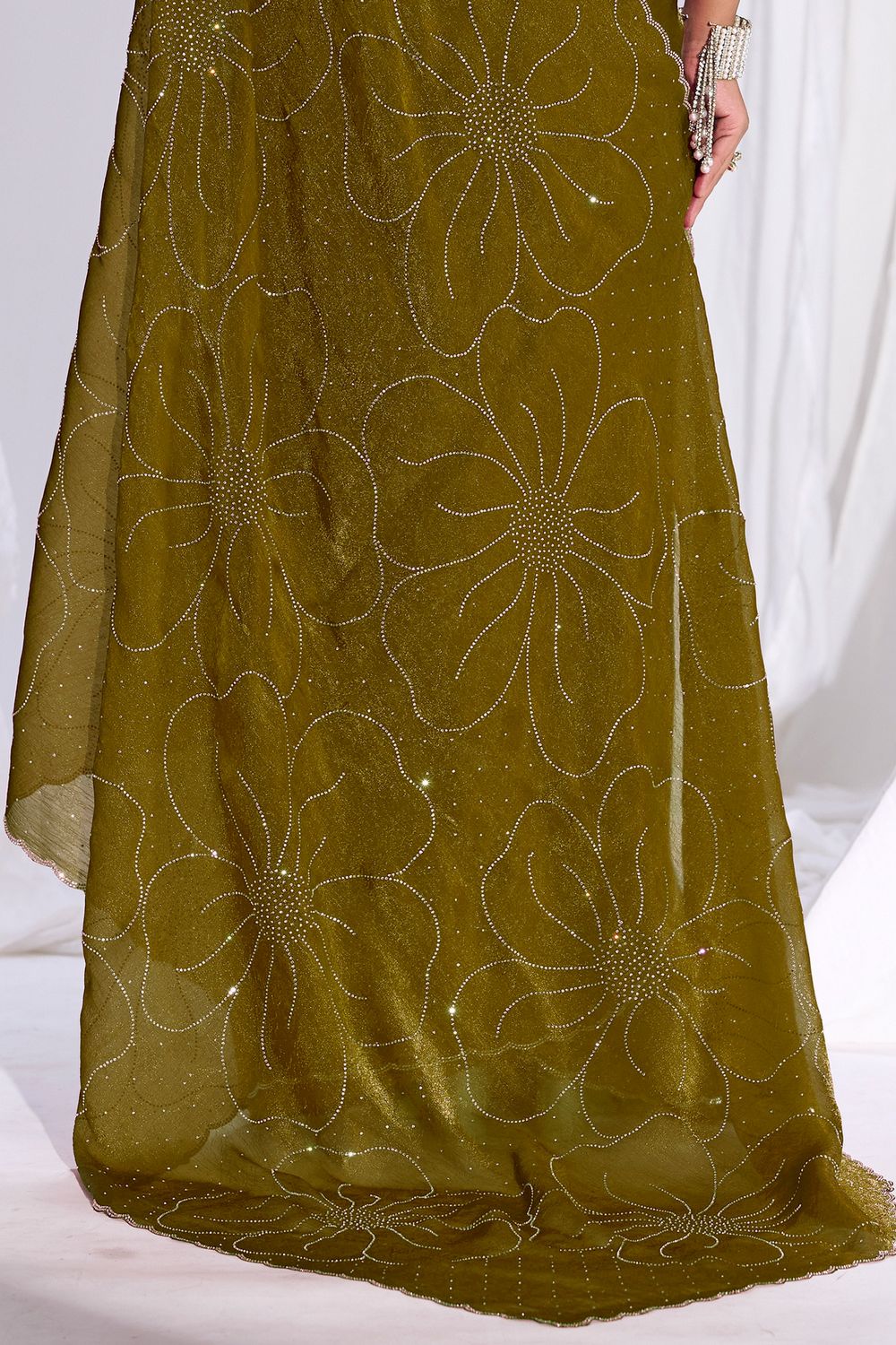 Ritu Olive Green Satin Silk Saree Sequin Floral Embellished Ready to Wear Saree