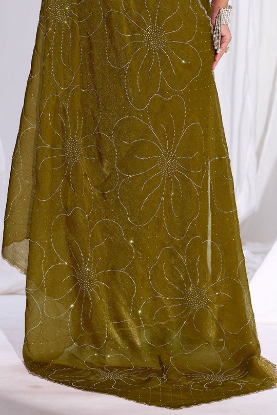 Ritu Olive Green Satin Silk Saree Sequin Floral Embellished Ready to Wear Saree
