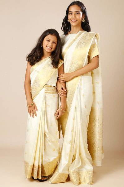 Winina White Silk Embroidered Lace One Minute Saree for Kids & Tweens