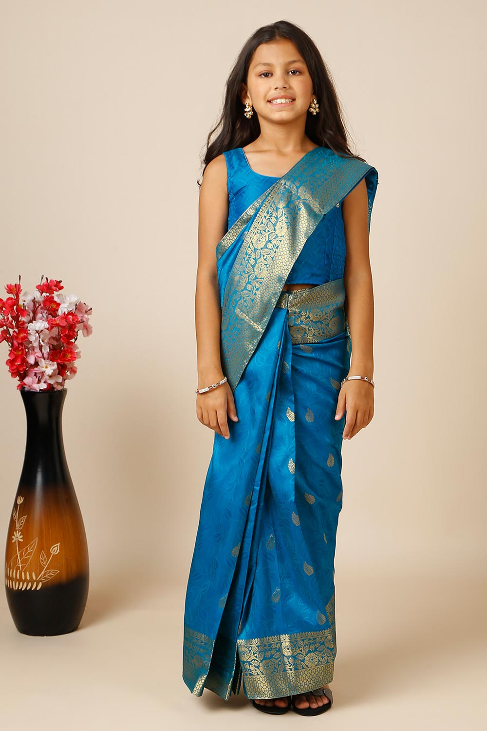 Adina Blue Silk Foil Print Lace One Minute Saree for Kids & Tweens