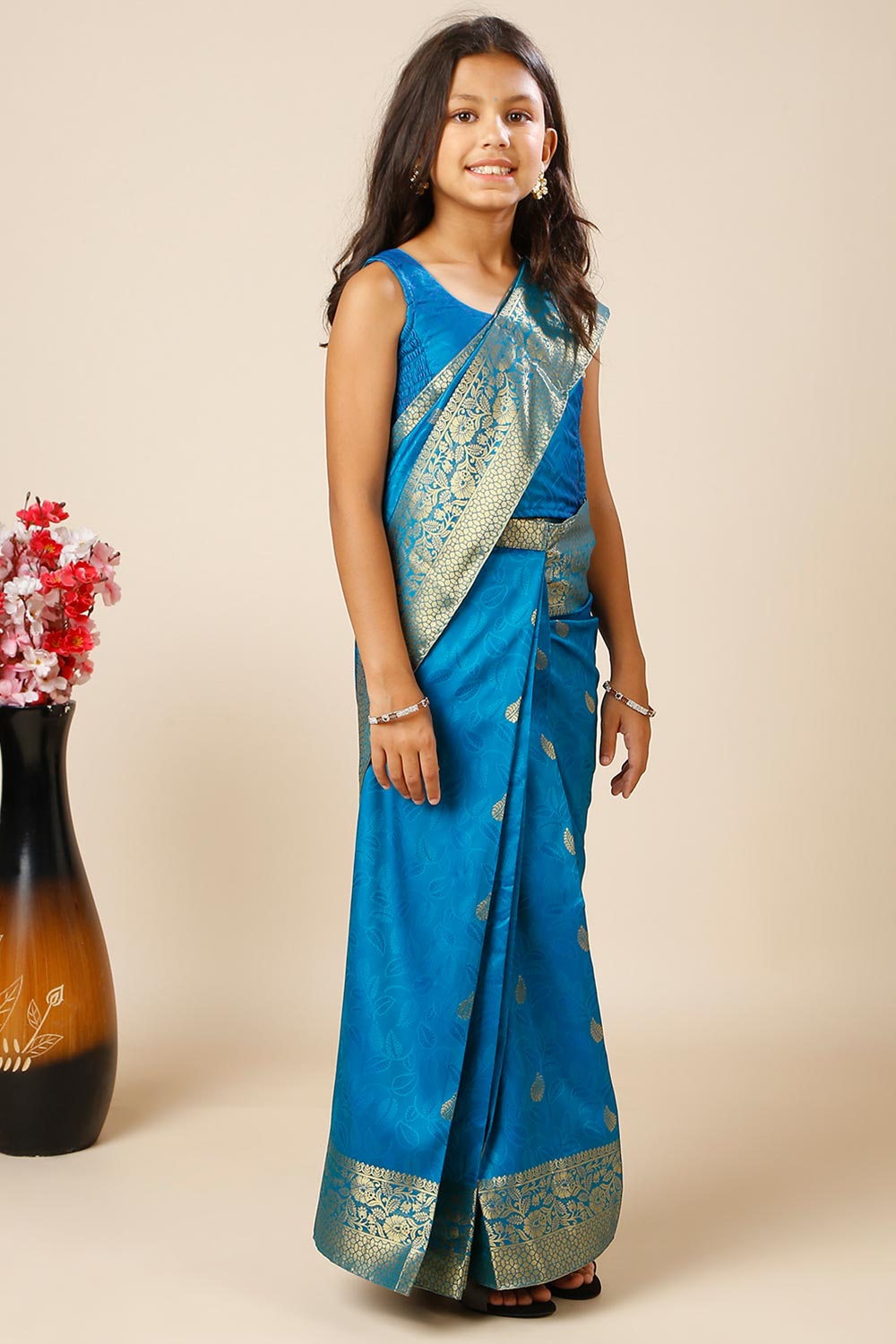 Adina Blue Silk Foil Print Lace One Minute Saree for Kids & Tweens