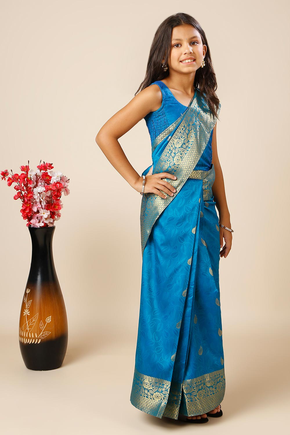 Adina Blue Silk Foil Print Lace One Minute Saree for Kids & Tweens