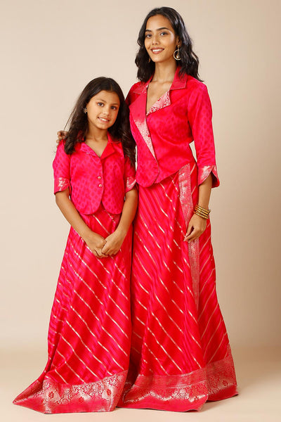 Zaira Pink Art Silk Leheriya Wrap Around Ethnic Saree Skirt For Kids & Tweens