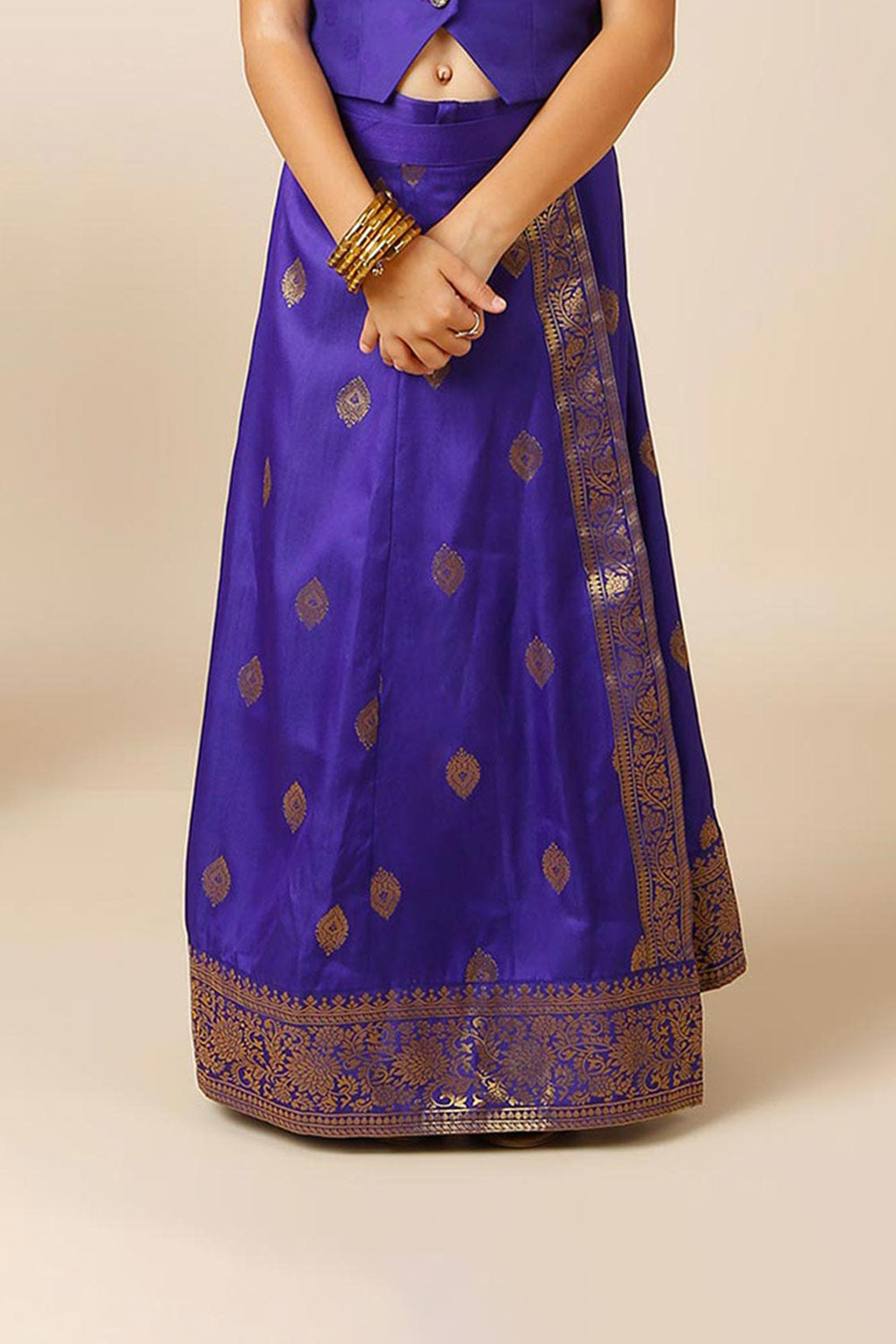 Afra Navy Blue Moss Weave Silk Wrap Around Saree Skirt for Kids & Tweens