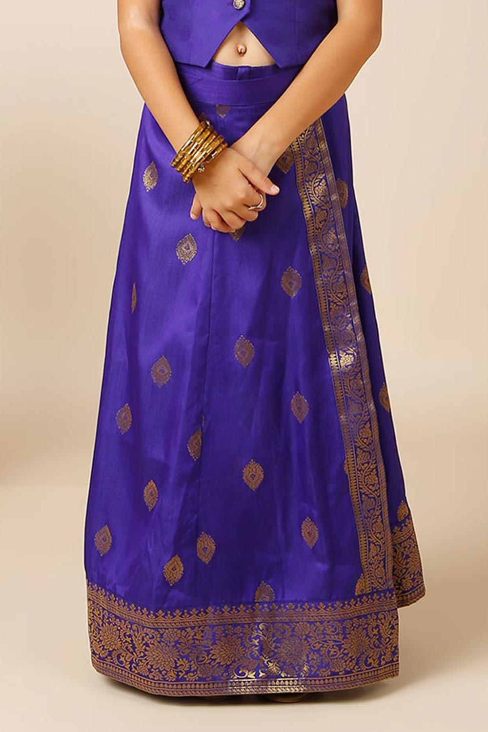 Afra Navy Blue Moss Weave Silk Wrap Around Saree Skirt for Kids & Tweens