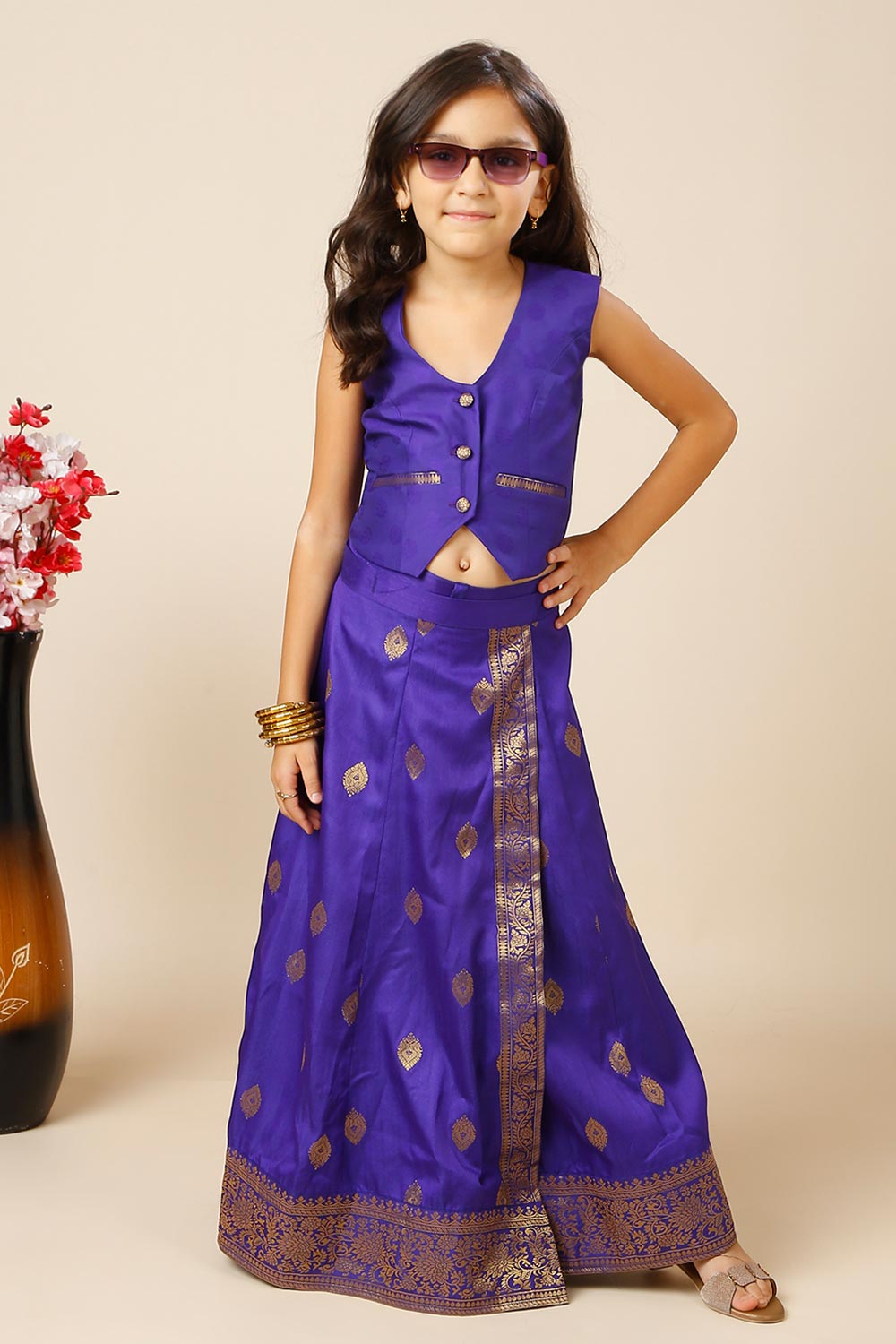 Afra Navy Blue Moss Weave Silk Wrap Around Saree Skirt for Kids & Tweens