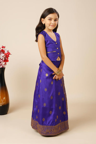 Afra Navy Blue Moss Weave Silk Wrap Around Saree Skirt for Kids & Tweens