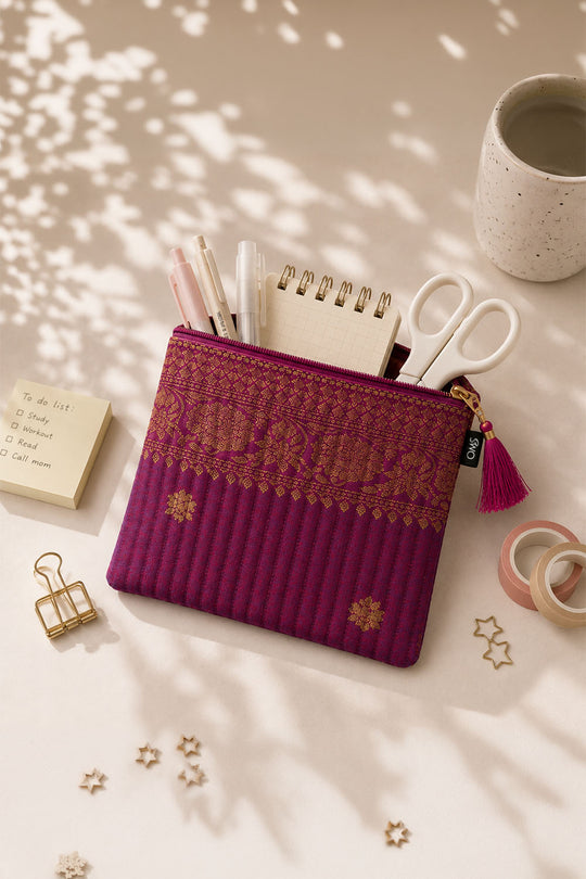 Ana Purple Banarasi Silk Medium Zipper Pouch
