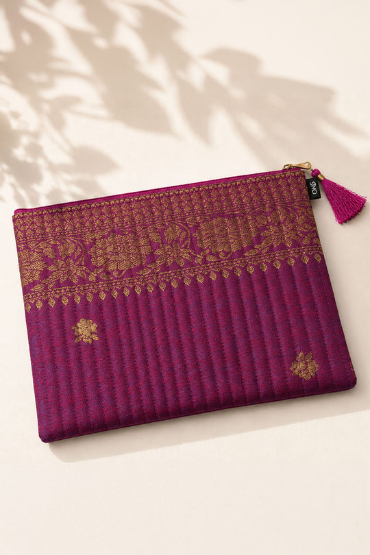 Ana Purple Banarasi Silk Medium Zipper Pouch