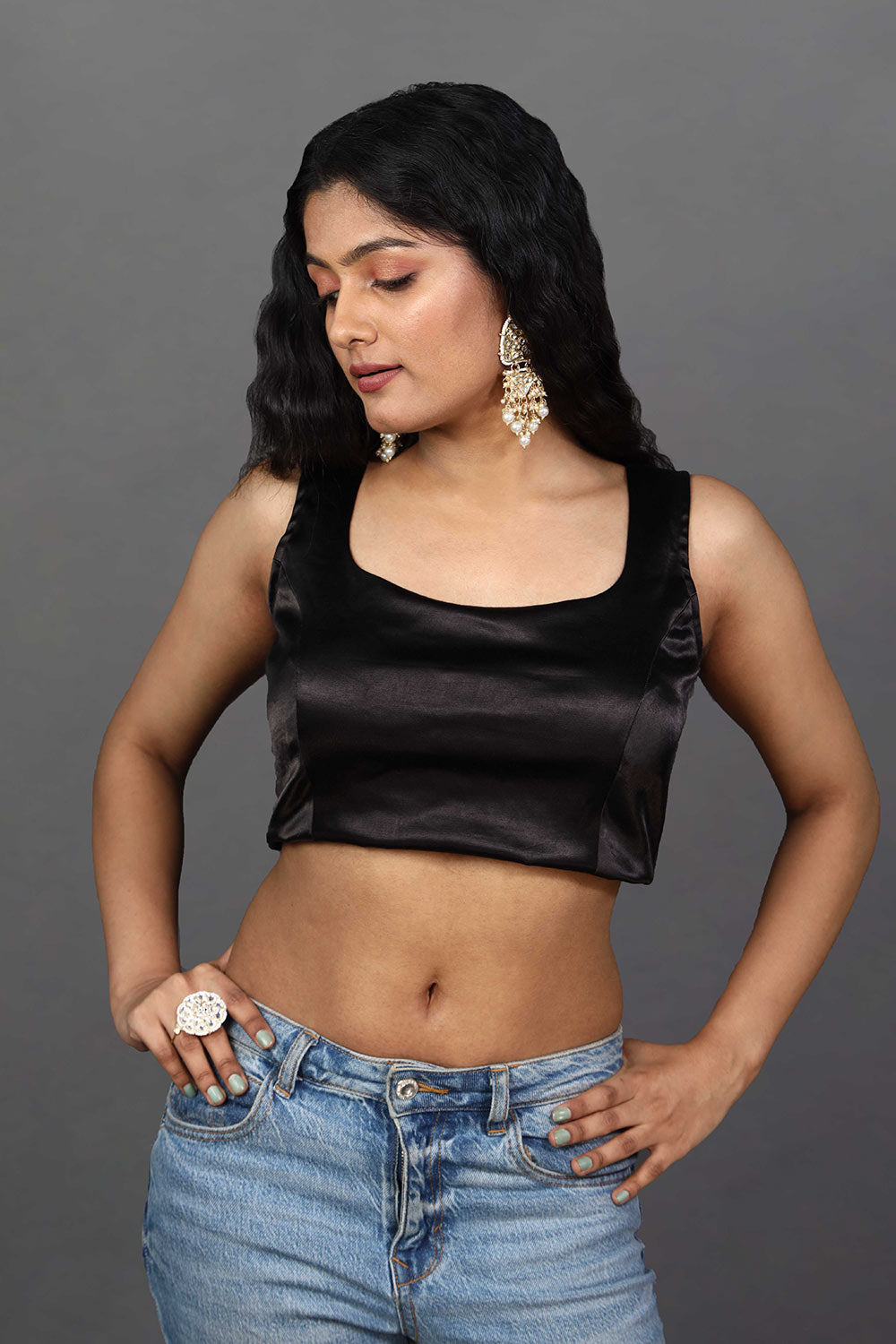 Betty Black Satin Comfort Stretch™  Adjustable Size Sleeveless Blouse