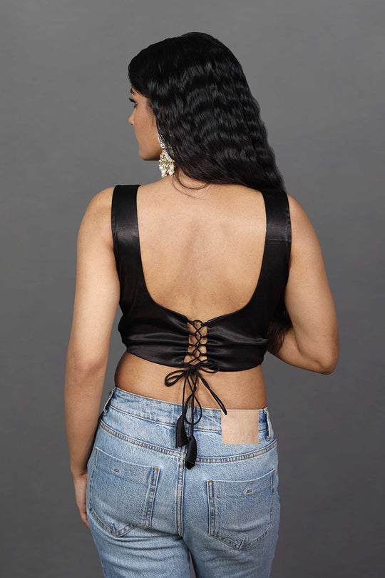 Betty Black Satin Comfort Stretch™  Adjustable Size Sleeveless Blouse