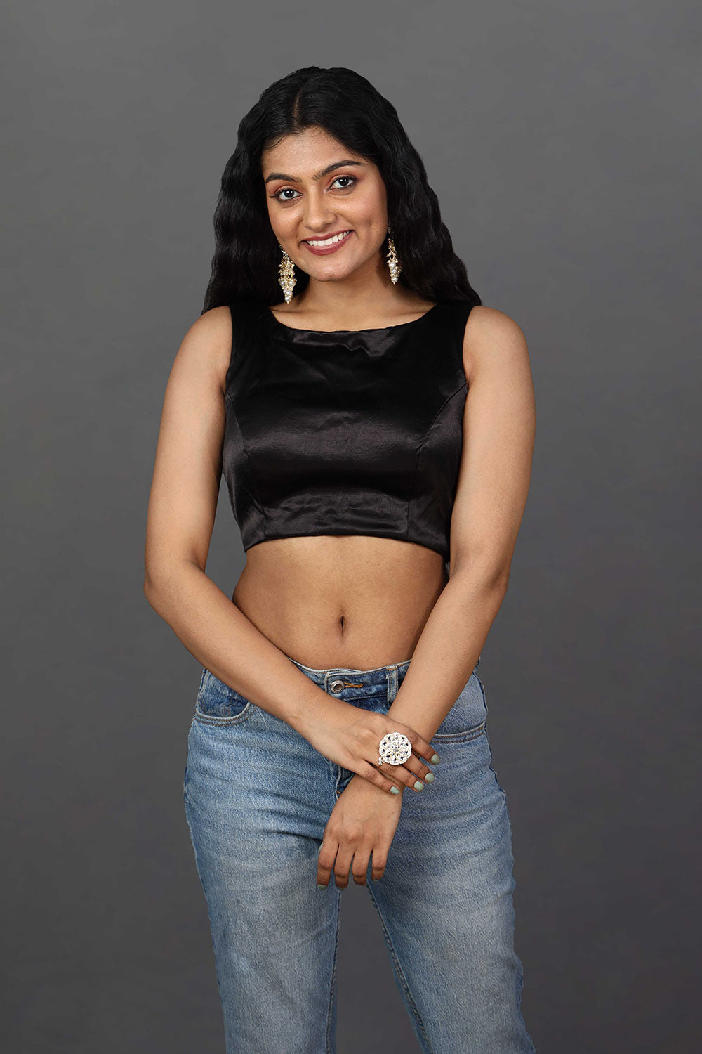 Lara Black Satin Comfort Stretch™  Boatneck Criss-Cross Back Adjustable Blouse