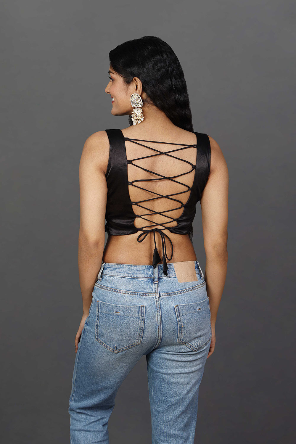 Lara Black Satin Comfort Stretch™  Boatneck Criss-Cross Back Adjustable Blouse