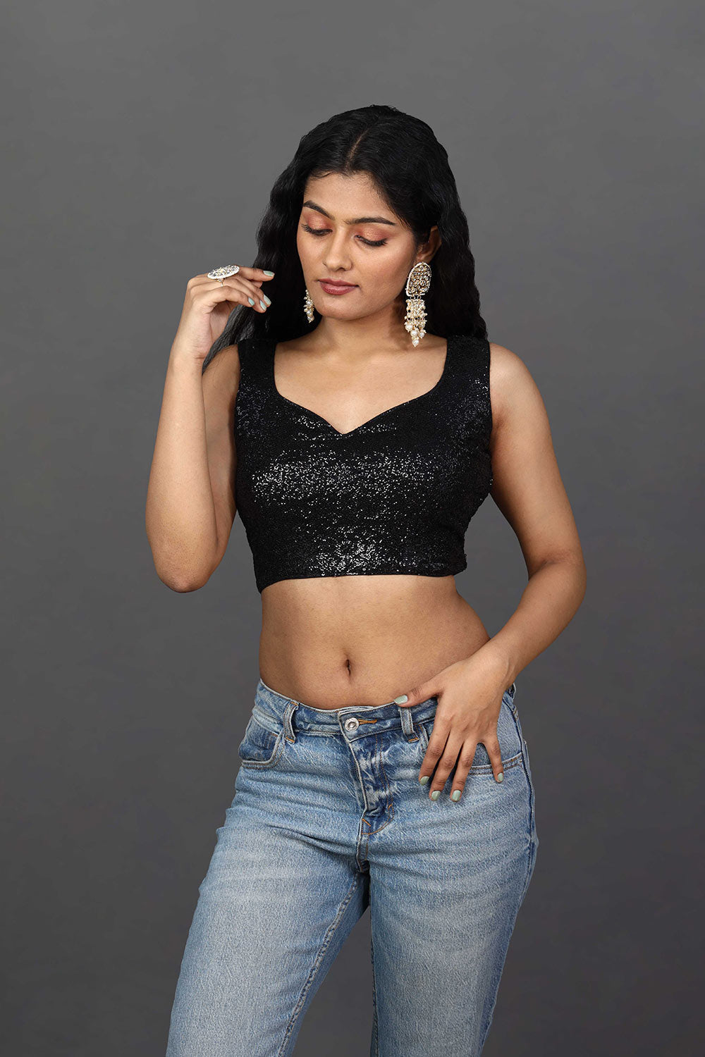 Nadya Black Embroidered Sequin Sweetheart Neckline Blouse