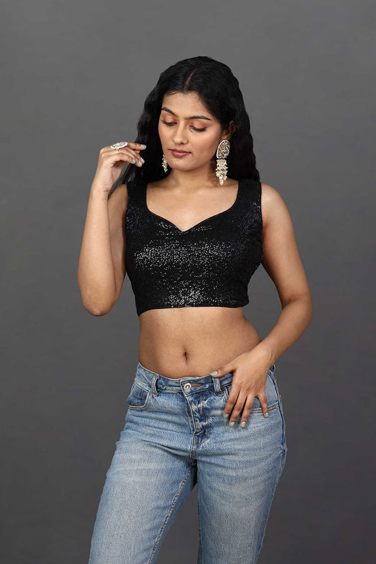 Nadya Black Embroidered Sequin Sweetheart Neckline Blouse