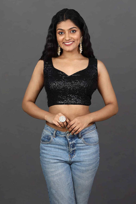 Nadya Black Embroidered Sequin Sweetheart Neckline Blouse