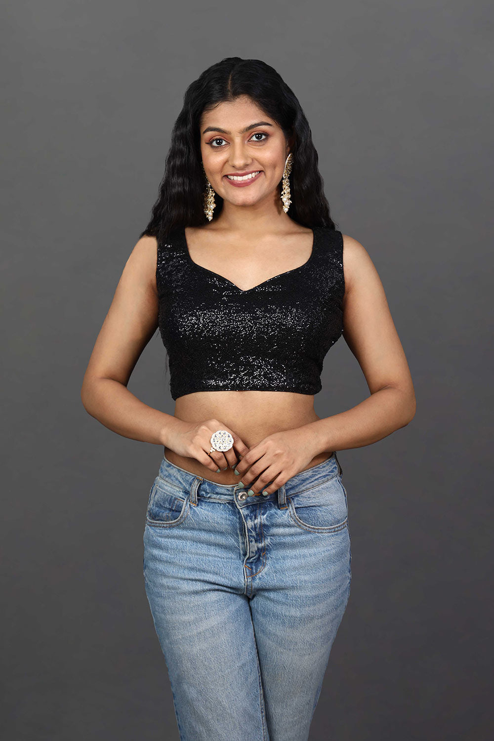 Nadya Black Embroidered Sequin Sweetheart Neckline Blouse