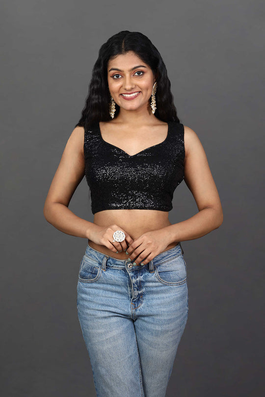 Nadya Black Embroidered Sequin Sweetheart Neckline Blouse