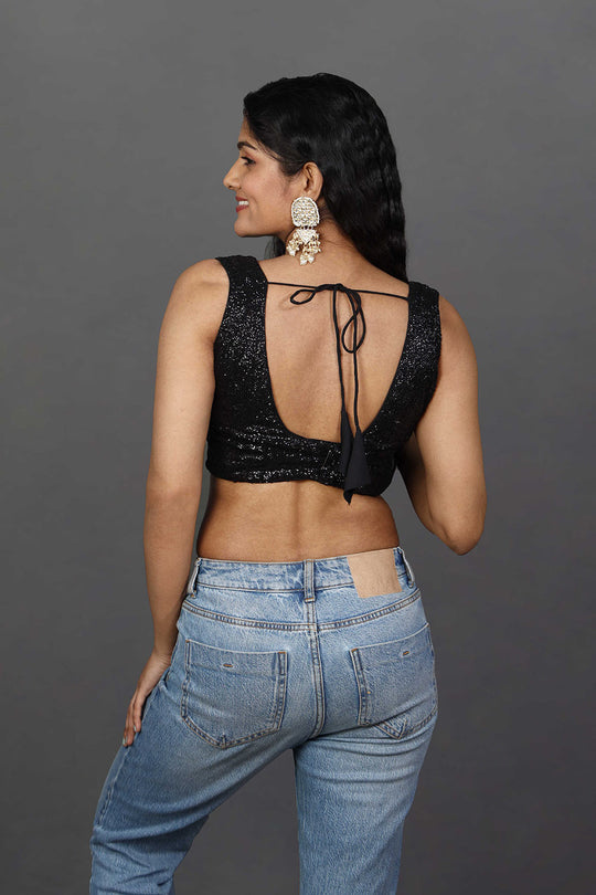 Nadya Black Embroidered Sequin Sweetheart Neckline Blouse