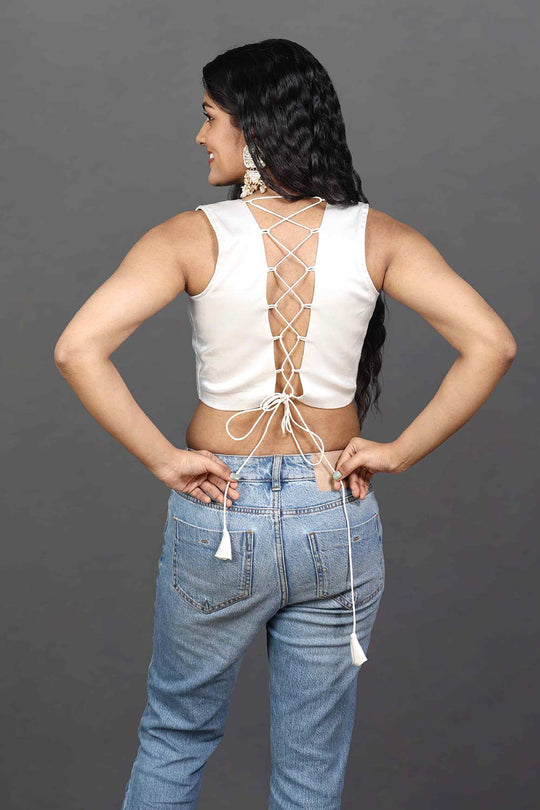 Reese White Satin Comfort Stretch™  Square Neck Criss-Cross Back Adjustable Blouse