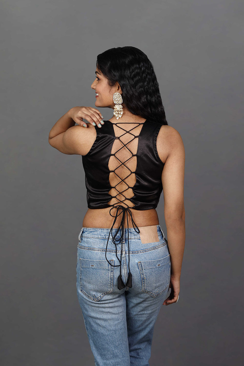 Ananya Black Satin Comfort Stretch™ Square Neck Criss-Cross Back Adjustable Blouse