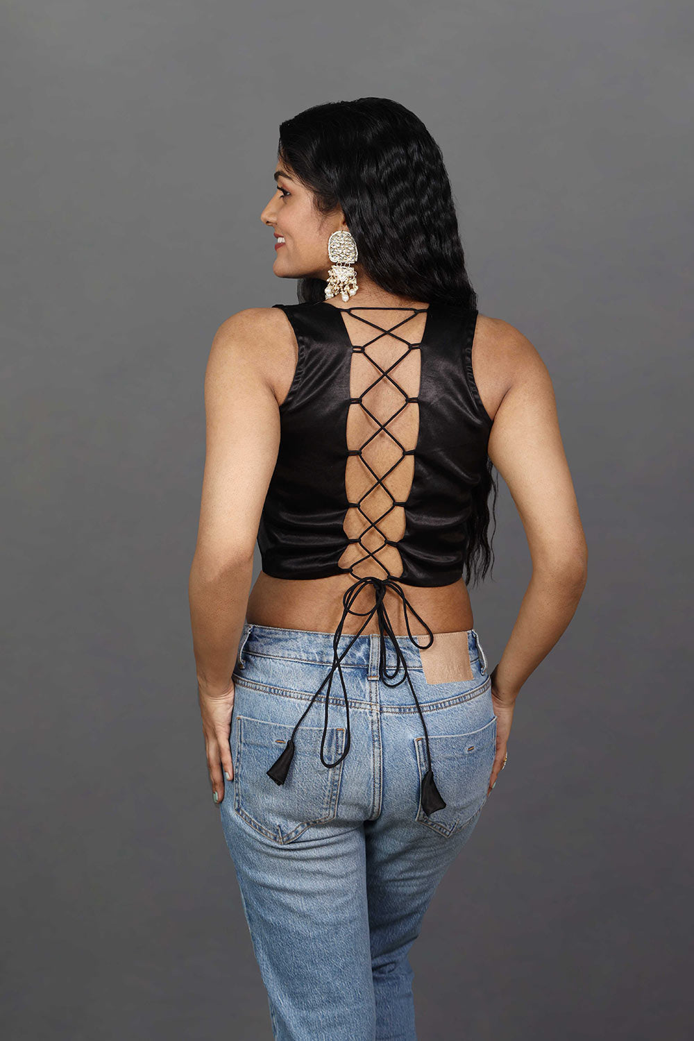 Ananya Black Satin Comfort Stretch™ Square Neck Criss-Cross Back Adjustable Blouse