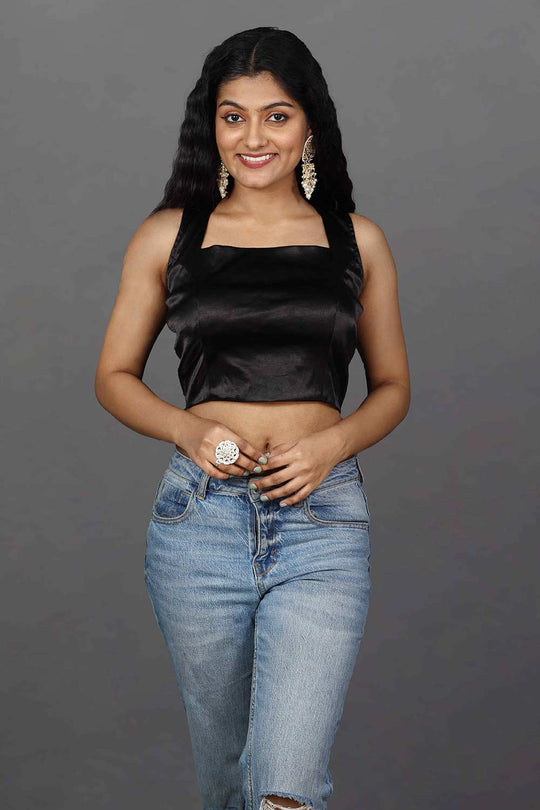 Ananya Black Satin Comfort Stretch™ Square Neck Criss-Cross Back Adjustable Blouse
