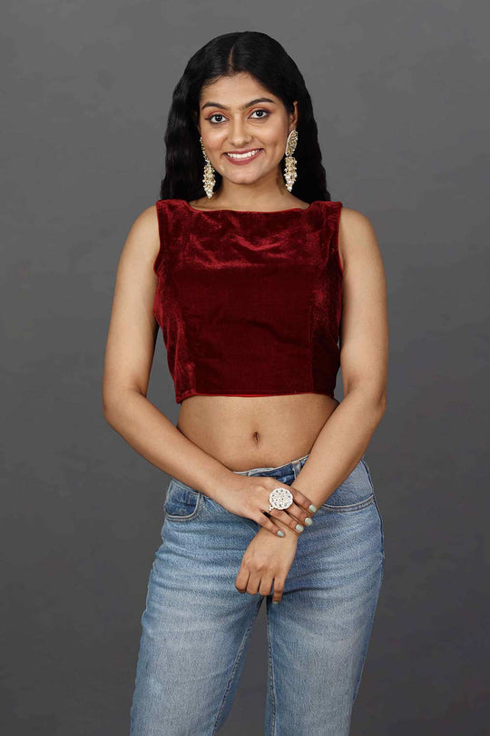 Merve Burgundy Velvet Boatneck Tie-Back Custom Design Blouse