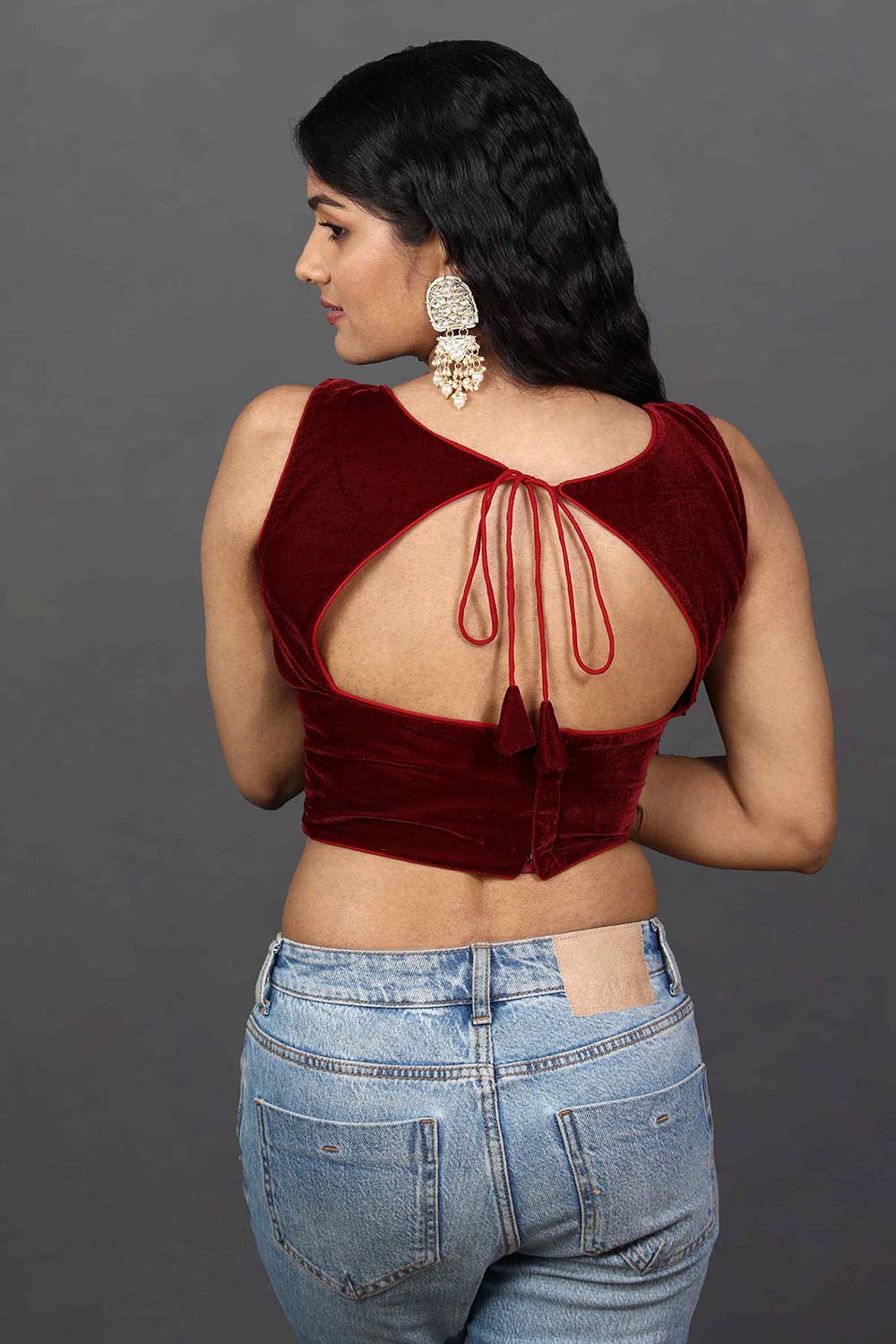 Merve Burgundy Velvet Boatneck Tie-Back Custom Design Blouse