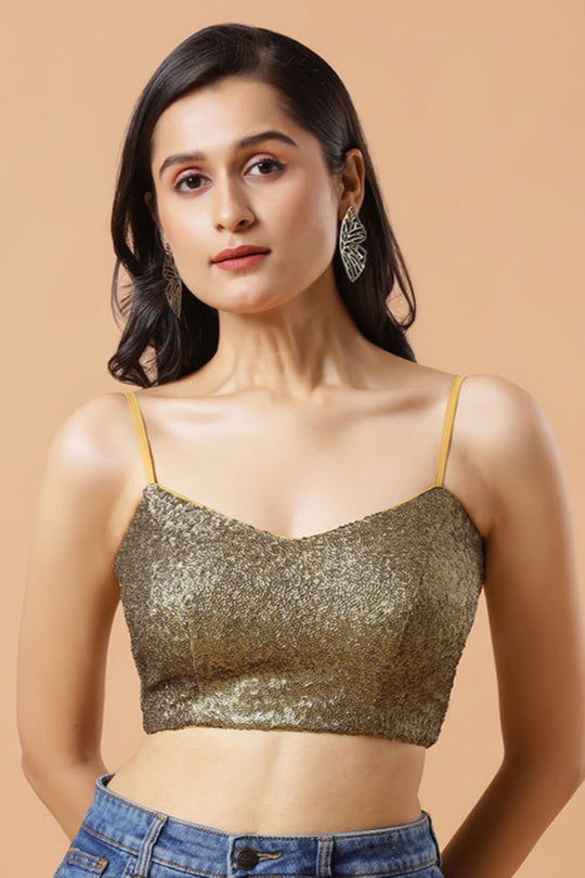 Meera Antique Gold Sequins Spaghetti Strap Tie-Back Blouse