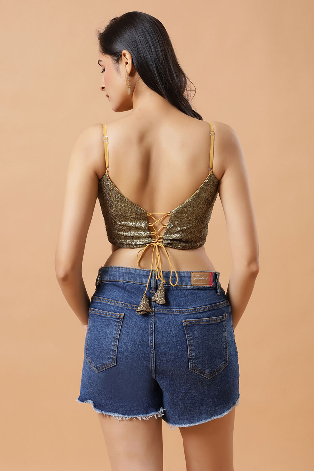 Meera Antique Gold Sequins Spaghetti Strap Tie-Back Blouse