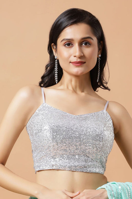 Ariel Silver Sequins Blouse with Adjustable Tie-back