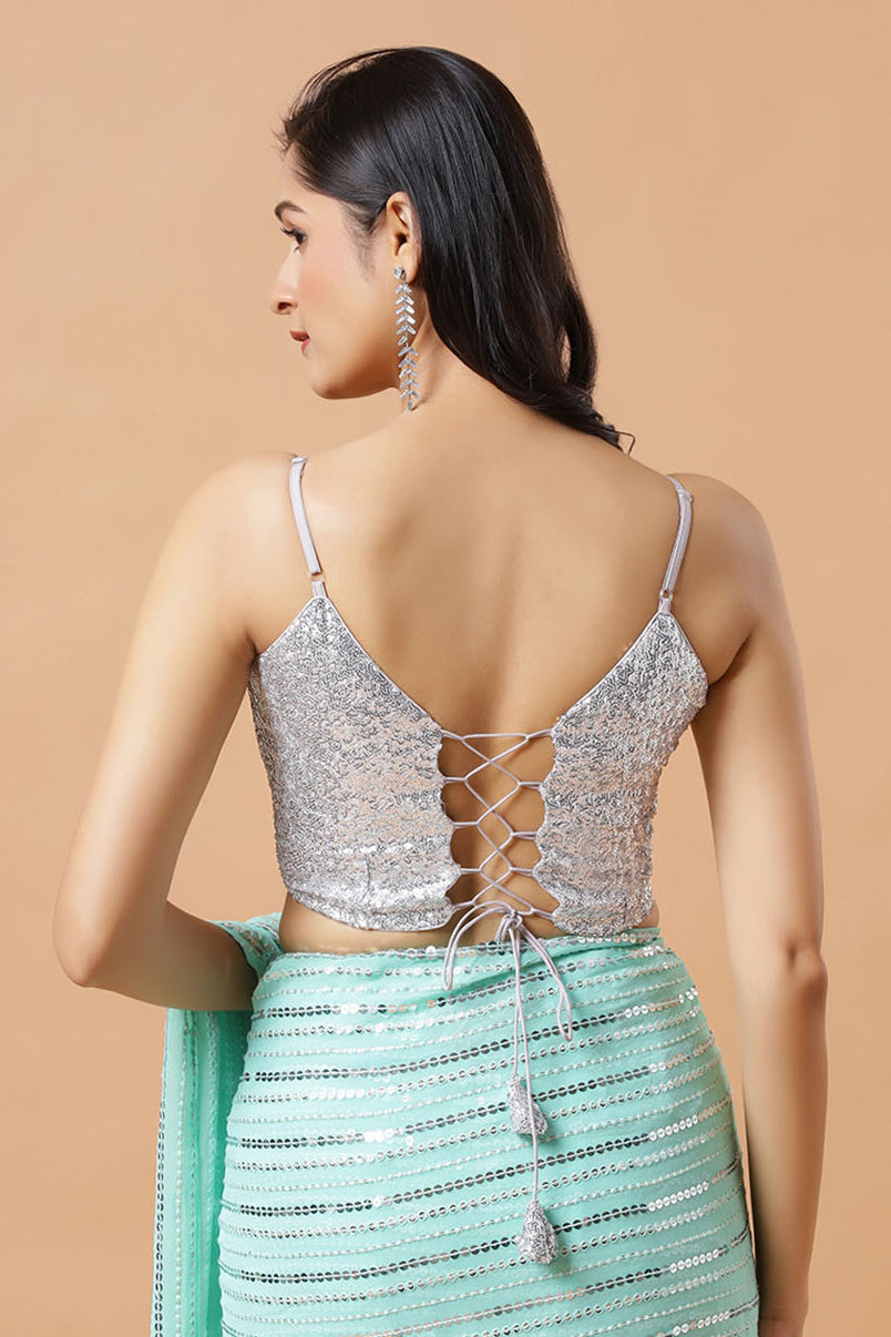Ariel Silver Sequins Blouse with Adjustable Tie-back