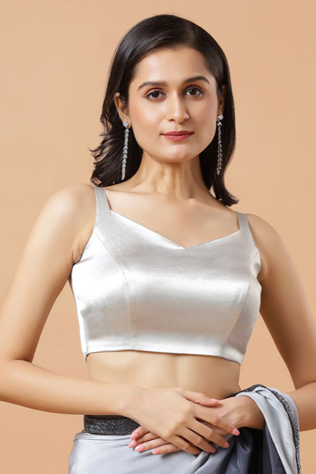 Carly Silver Pentagon Neck Sleeveless Satin Stretch Blouse