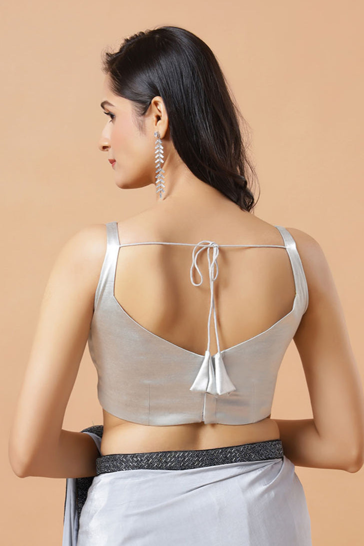 Carly Silver Pentagon Neck Sleeveless Satin Stretch Blouse