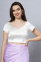 Ria Off-White Satin Comfort Stretch™  Leaf Neck Crop Top Leaf Neck Short Sleeve Blouse