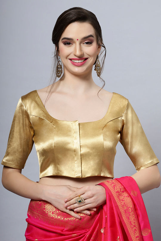 Lara Gold Satin Comfort Stretch™  Round Neck Half Sleeve Blouse (Front Closure)