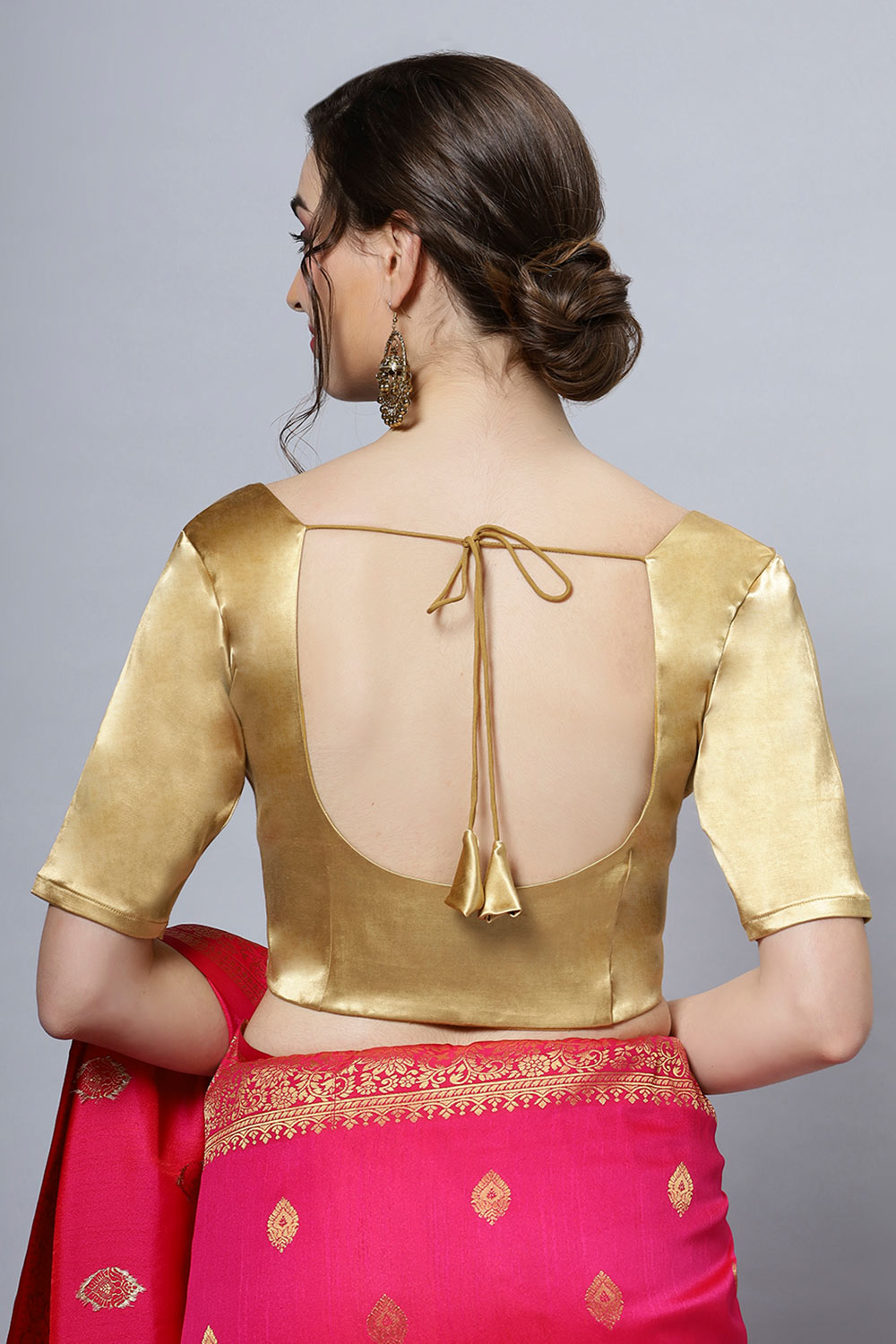 Lara Gold Satin Comfort Stretch™  Round Neck Half Sleeve Blouse (Front Closure)