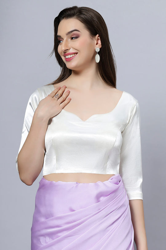 Tula Off-White Satin Comfort Stretch™  Sweetheart Neck Elbow Sleeve Blouse