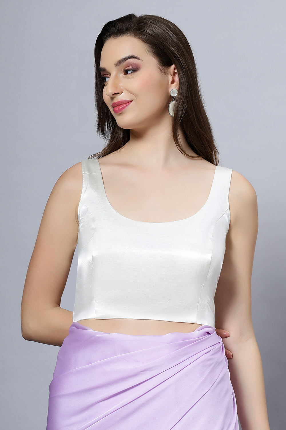 Reema Off-White Satin Comfort Stretchable Deep U Adjustable Tie Back Ready2Ship Blouse