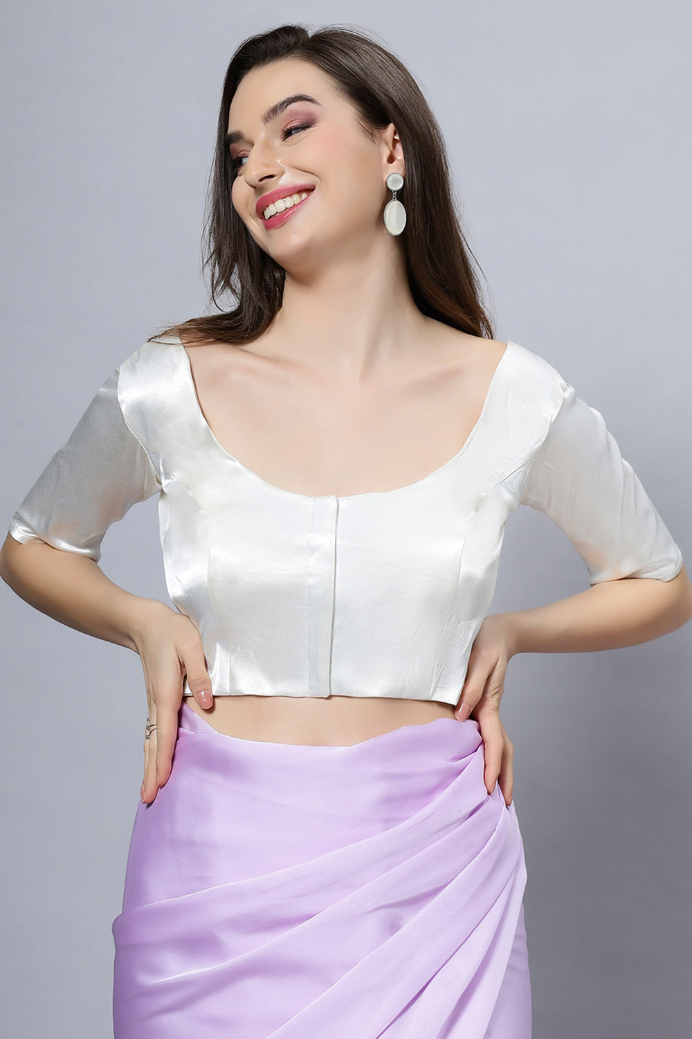 Lara Off-White Satin Comfort Stretch™ Round Neck Half Sleeve Blouse (Front Closure)