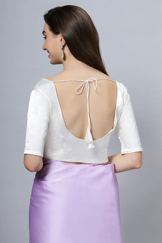 Lara Off-White Satin Comfort Stretch™ Round Neck Half Sleeve Blouse (Front Closure)