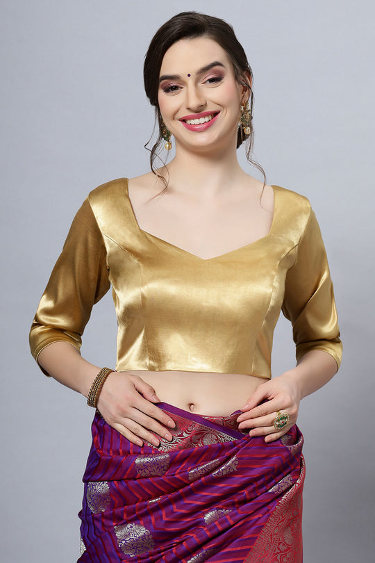 Deana Gold Satin Comfort Stretch™ Pentagon Neck Long Sleeve Crop Top Blouse