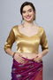 Deana Gold Satin Comfort Stretch™ Pentagon Neck Long Sleeve Crop Top Blouse