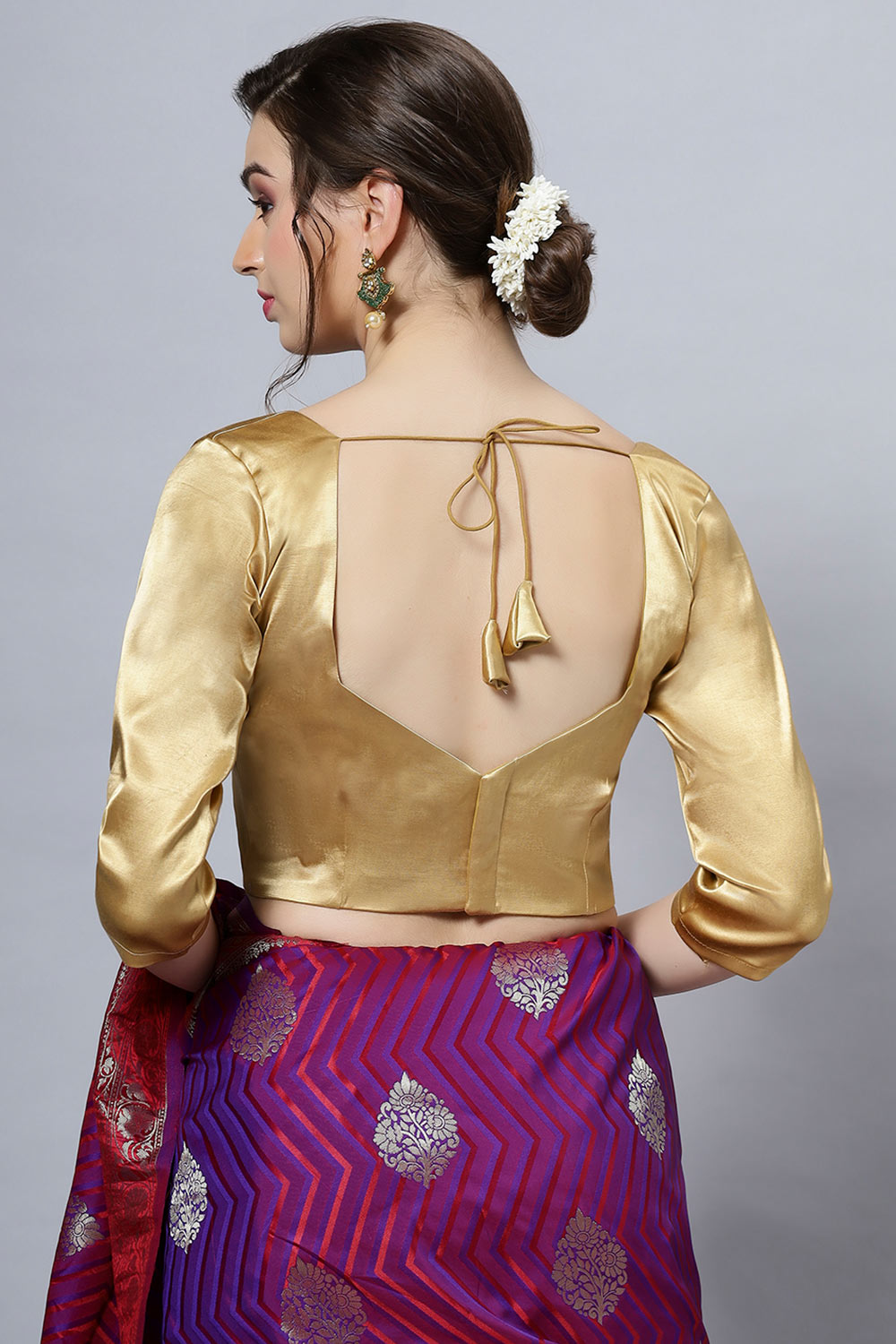 Deana Gold Satin Comfort Stretch™ Pentagon Neck Long Sleeve Crop Top Blouse