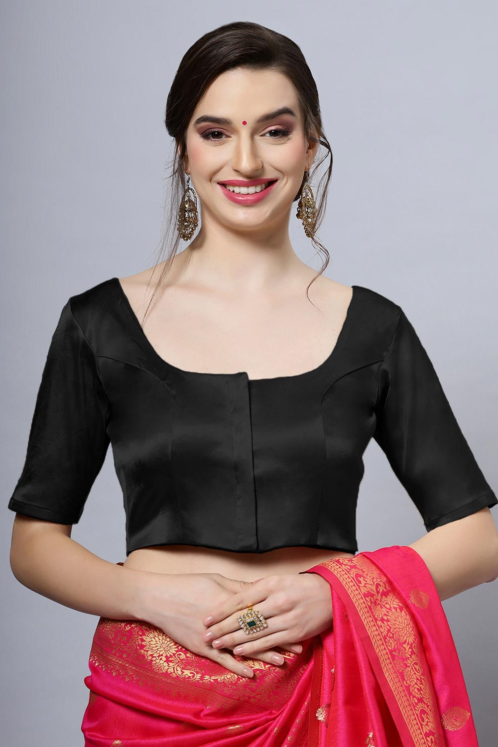 Lara Black Satin Comfort Stretch™  Round Neck Half Sleeve Blouse (Front Closure)